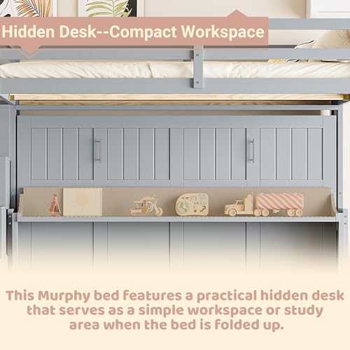 Full Murphy Bed with Stairs, Convertible Wall Bed Frame with Hydraulic Lift & Desk, Murphy Cabinet Beds with Upper Bed for Teens, Boys and Girls