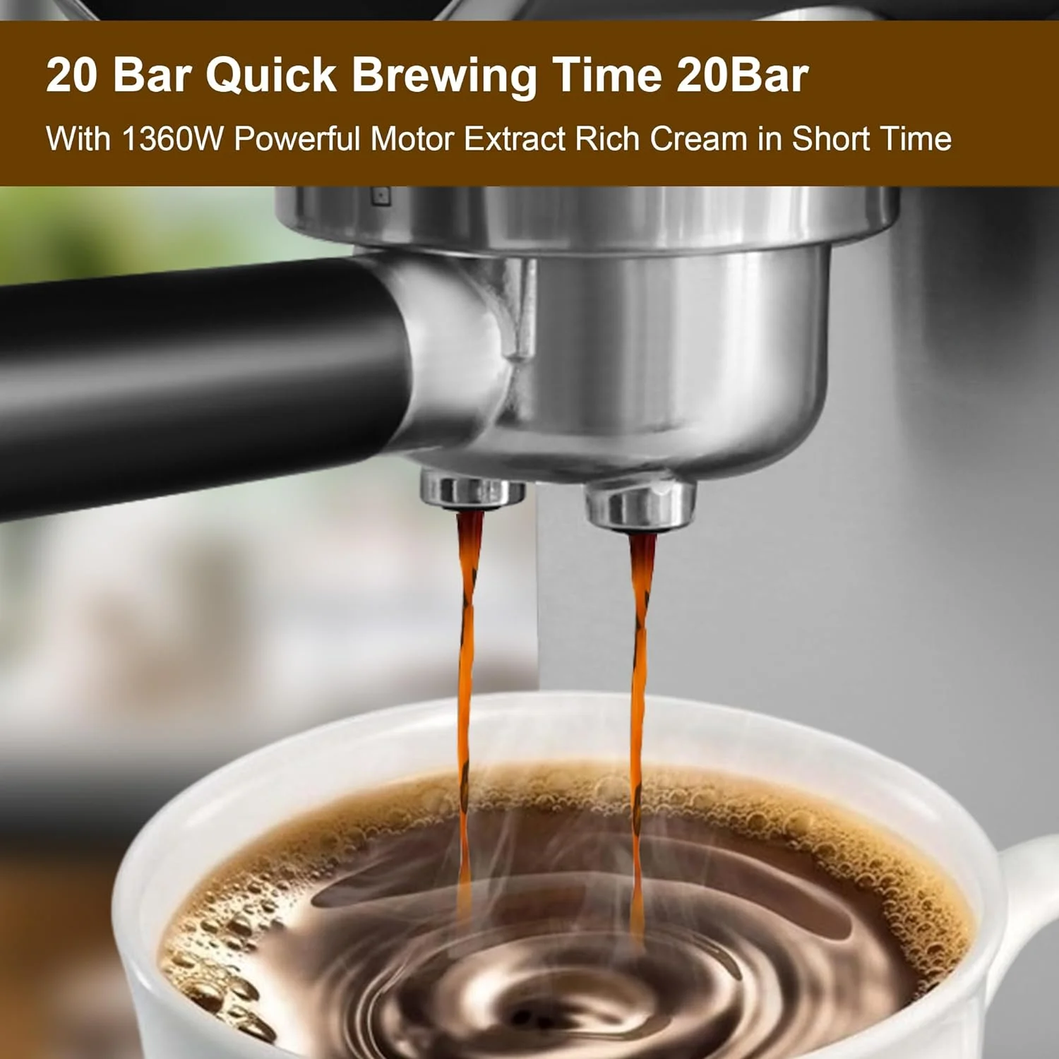 20 Bar Espresso Machine With Milk Frother Wand, Fast Heating, 30 Oz Removable Water Tank, 1360W, Compact Design