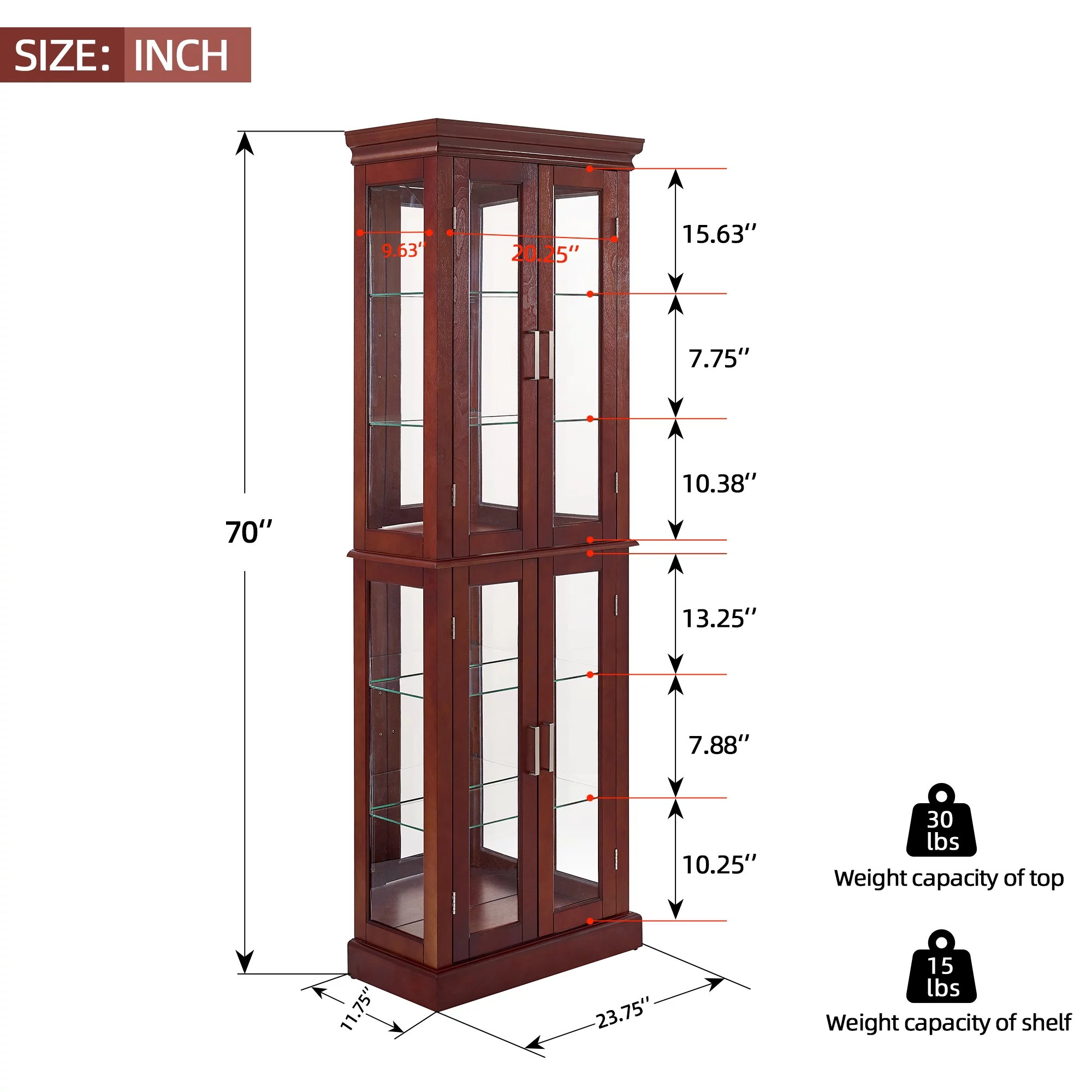 Ufurpie 6-Tier Lighted Curio Diapaly Cabinet with Adjustable Shelves and Tempered Glass Doors,Bar and Liquor Storage Area,Walnut
