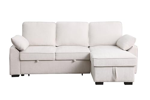 L-Shaped Pull Out Sleep Sofabed,Modern Reversible Sleeper Sectional Sofa Chenille Upholstered Button Tufted Decor with Storage Chaise