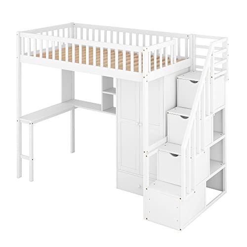 Twin Loft Bed with Staircase, Desk and Wardrobe, Wood Loft Bed with Storage Shelves and Safety Guardrail