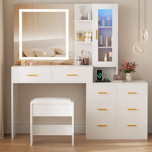 ANWBROAD 51.8" Makeup Vanity Desk with Mirror and Lights White Vanity Table with RGB Storage 8 Drawers Power Outlet Large Dresser Dressing Table with