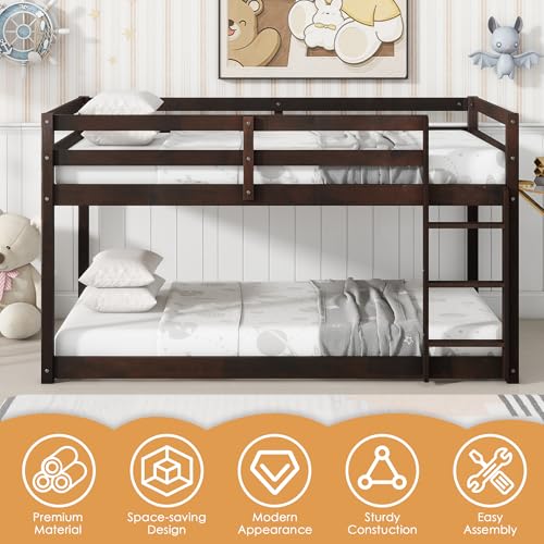Bunk Bed Twin Over Twin, Wood Low Profile Floor Twin Bunk Beds with Ladder Guardrails for Kids Boys and Girls, No Box Spring Needed