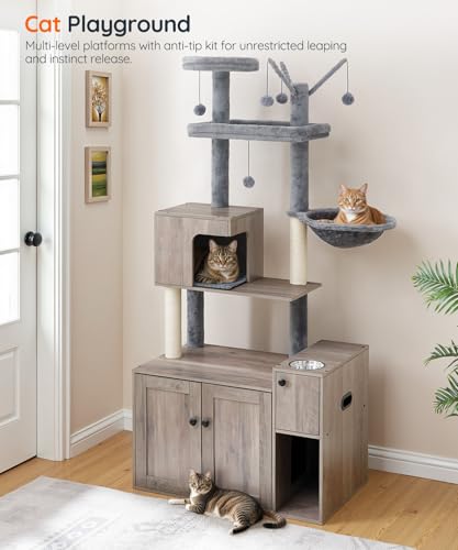 HOOBRO Cat Tree with Litter Box Enclosure, 68.9" H Cat Tower with Food Bowl and Storage, Hidden Litter Enclosure Furniture