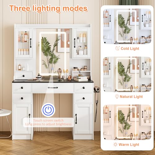 NUNU LAB 42 Inchs Large Vanity Desk with Mirror and Lights with 6 Drawers and 4 Cabinets, Big Women Makeup Table with Power Outlet