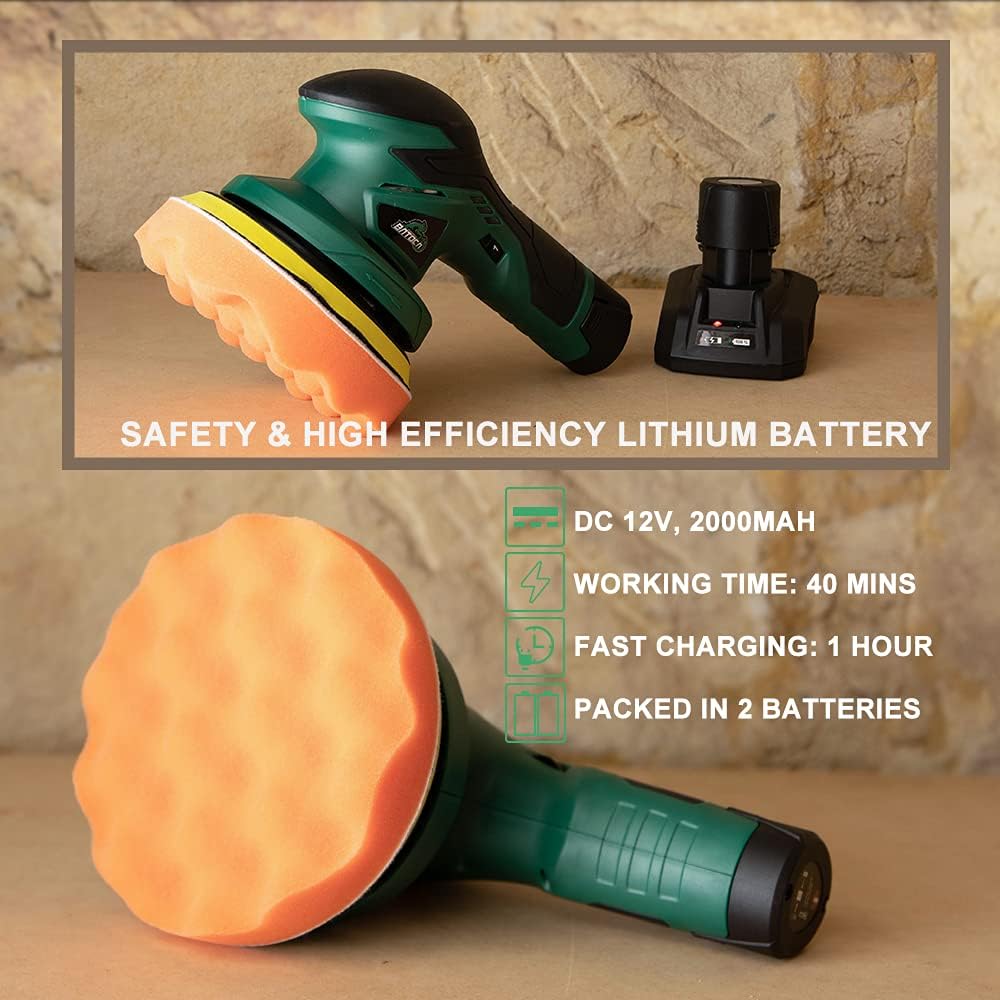 BATOCA - Cordless Car Buffer Polisher - with 2pcs 12V Lithium Rechargeable Battery Brushless Polisher with Variable Speed
