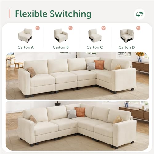 HONBAY Corduroy Modular Sectional Couch with Storage L-Shaped Sectional Couches for Living Room 6 Seater Modular Sofa, Dark Gray