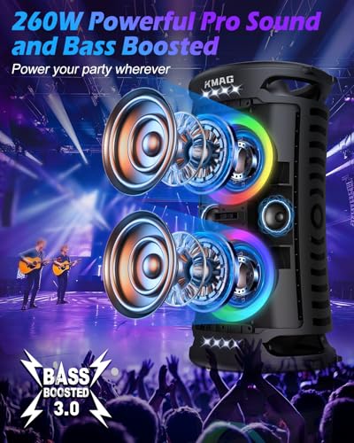 Large Bluetooth Speaker, 260W Peak Powerful Loud Sound with Deep Bass, Portable Outdoor Speaker Wireless, 15Hr Playtime, Fast Charge, TWS
