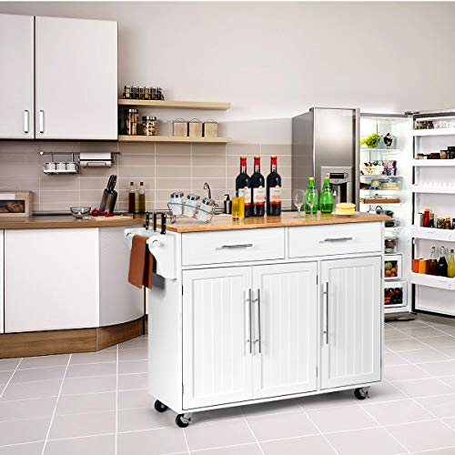 Giantex Kitchen Island Cart Rolling Storage Trolley Cart with Lockable Castors, 2 Drawers, 3 Door Cabinet, Towel Handle