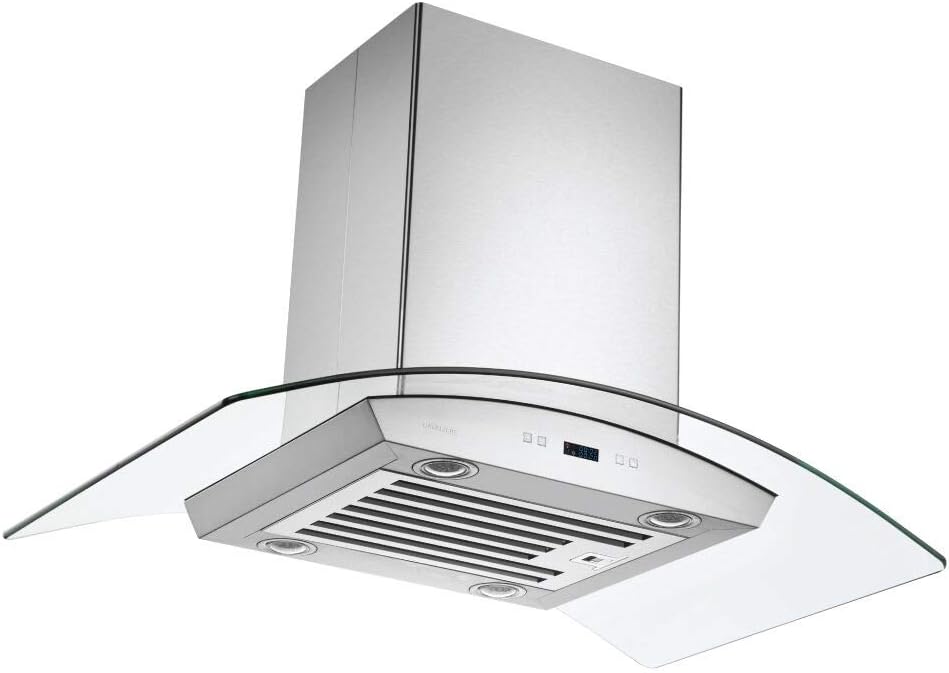 CAVALIERE 36 Inch Glass Canopy Island Mounted Stainless Steel Kitchen Range Hood