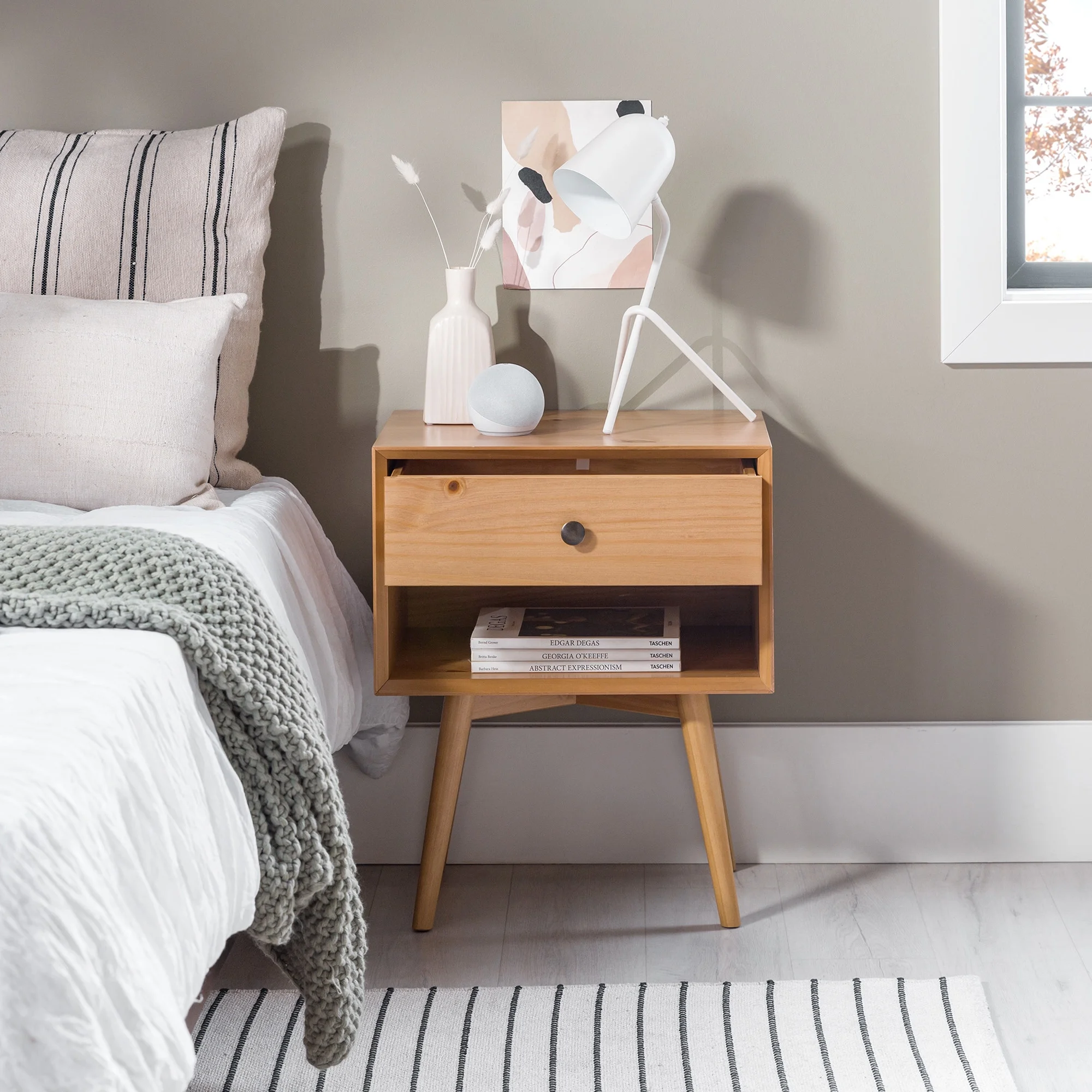 Walker Edison Mid Century Modern 1-Drawer Nightstand, Natural Pine