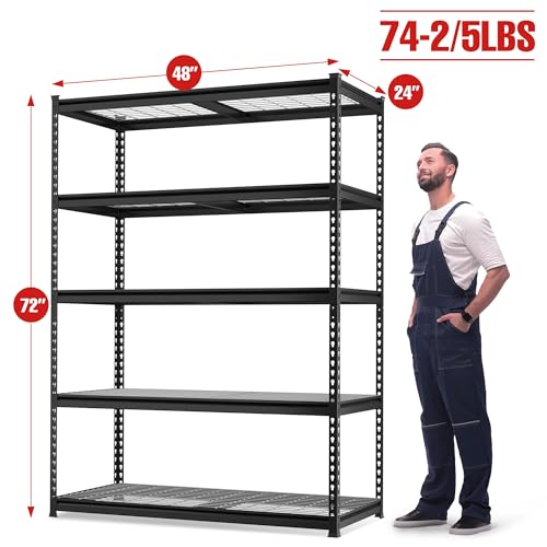 WORKPRO 5-Tier Metal Shelving Unit, 48”W x 24”D x 72”H, Heavy Duty Adjustable Storage Rack, 4000 lbs Load Capacity (Total), for Garage, Basement