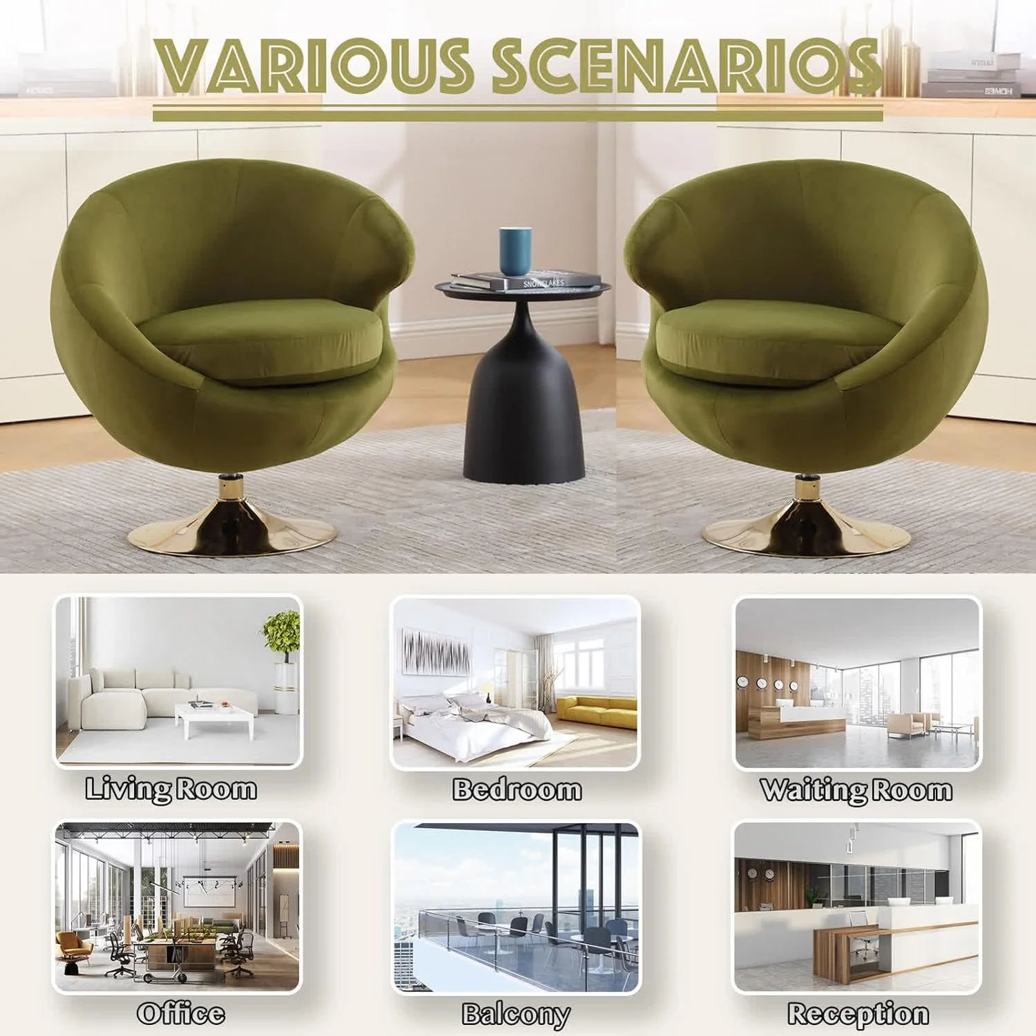 Modern Swivel Barrel Chair, Green Velvet Round Accent Chair, 360 Swivel Cuddle Vanity Chair, Upholstered Arm Chair for Living Room, Bedroom, Hotel