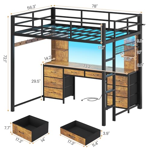 ADORNEVE Full Size Loft Bed with Desk and 8 Storage Drawers, Metal Loft Beds Full with LED Lights & Charging Sation