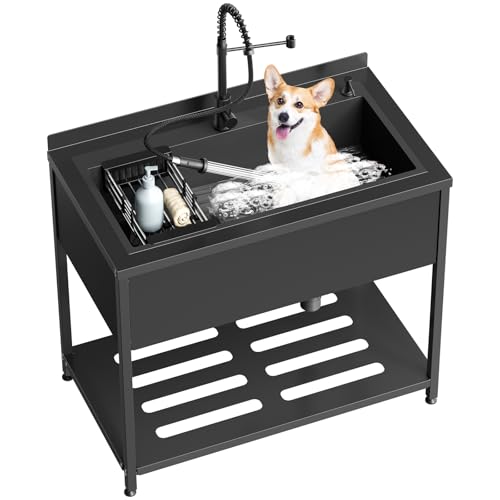 Stainless Steel Utility Sink, 30.8" × 22" × 39.5"Freestanding Sink with Cold and Hot Water Faucet,Hoses and Drain Kit for Kitchens, Bathrooms, Garage