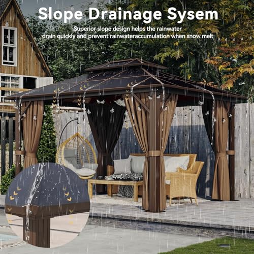 Aoxun 12'x10' Hardtop Gazebo, Aluminum Frame Permanent Pavilion with Curtains and Netting, Outdoor Polycarbonate Double Roof Canopy