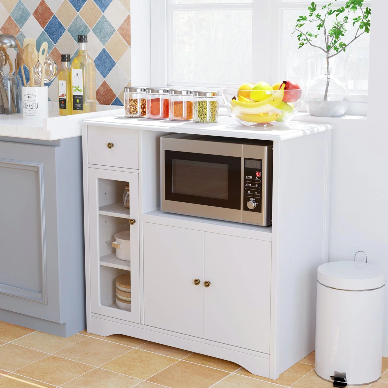 Homfa Microwave Cabinet with Hutch, Kitchen Pantry Cabinet Sideboard with Adjustable Shelves and Drawer for Dining Room, White