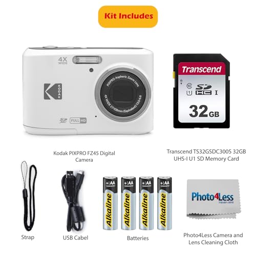 KODAK PIXPRO FZ45 16MP Digital Camera with 4X Optical Zoom 27mm Wide Angle and 2.7" LCD Screen Bundle with 32GB SD Memory Card, AA Batteries (4 Pack)
