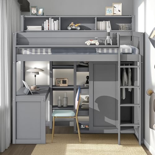 Full Size Loft Bed with L-Shaped Desk, Wardrobe and Storage Shelves, Solid Wood Bedframe w/Safety Guardrails & Ladder for Kids Teens Adults