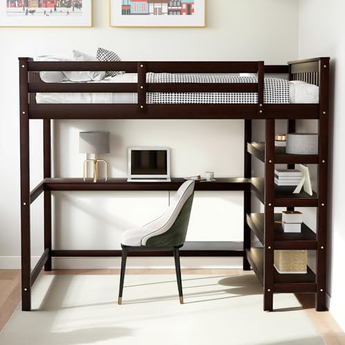 Full Size Loft Bed with L-Shaped Desk, Wardrobe and Storage Shelves, Solid Wood Bedframe w/Safety Guardrails & Ladder for Kids Teens Adults