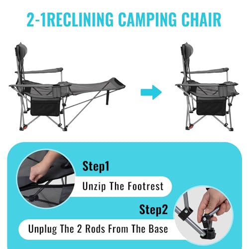 #WEJOY 2-in-1 Reclining Camping Chair with Footrest for Adults Folding Lounge Chair with Adjustable Backrest Lightweight Camping Chairs Heavy Duty
