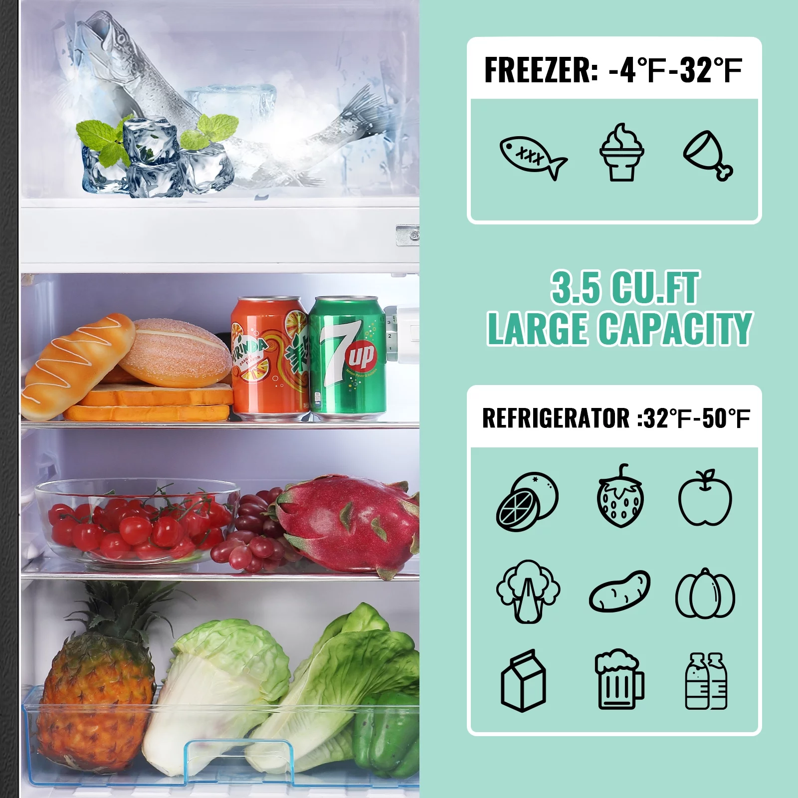 DEMULLER Mini Refrigerator Dual Door Fridge with Handle 7 Speed Temperature Control YX-100-Black