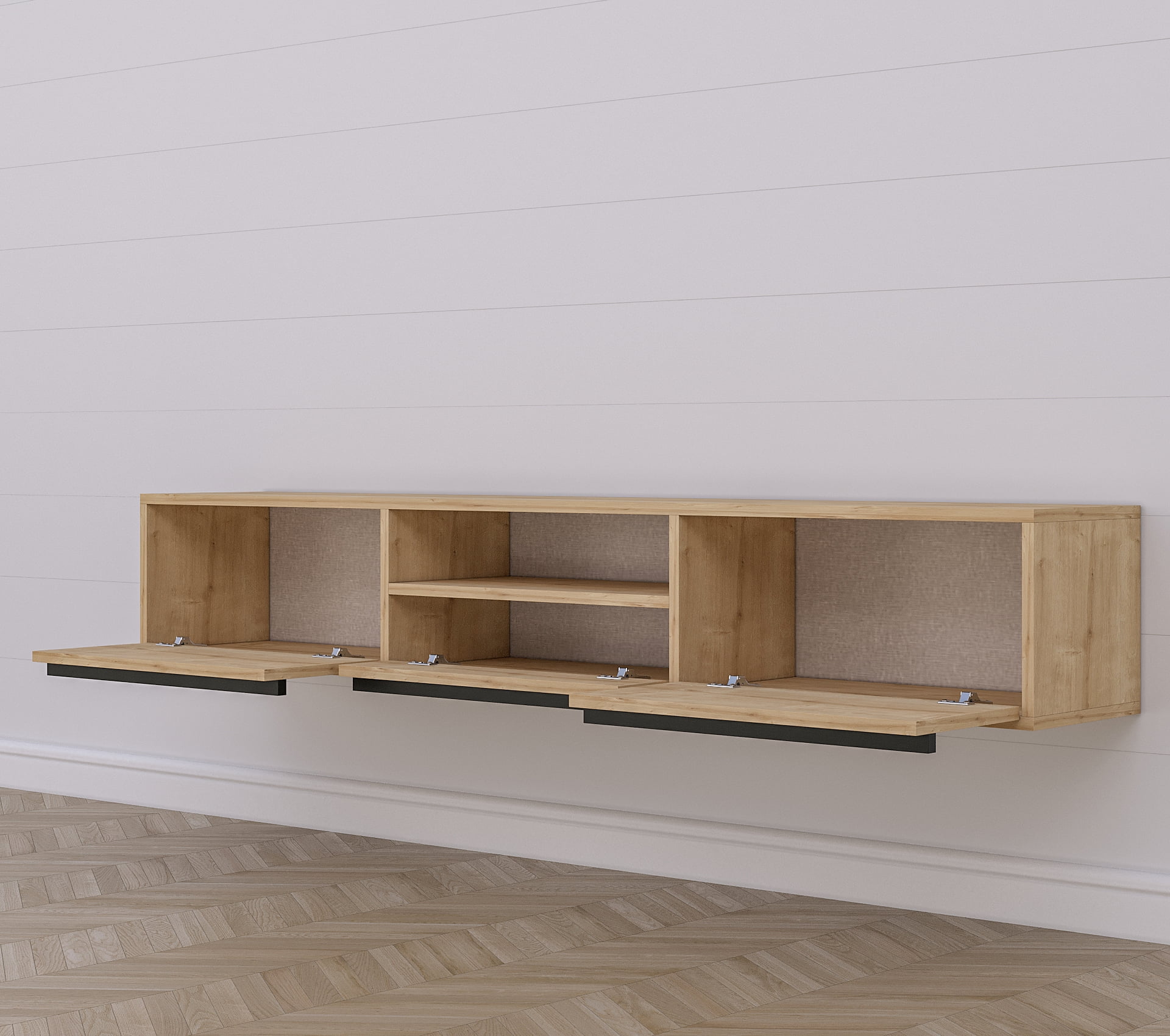 Hawana 71" Modern and Minimalist Wall Mounted Floating Entertainment Media Console Oak &Wood Black