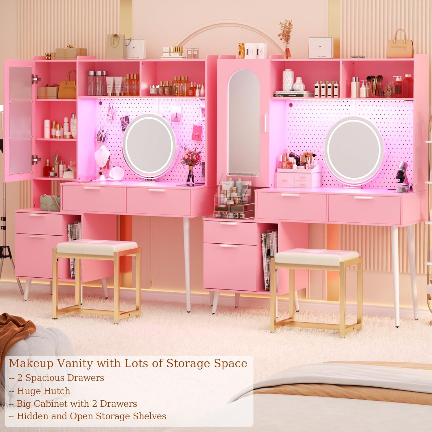 Homieasy Vanity Desk with Mirror & LED Light & Charging Station, 48 Inch Large Makeup Vanity with Ample Storage, Vanity Table with Drawers, Cabinet