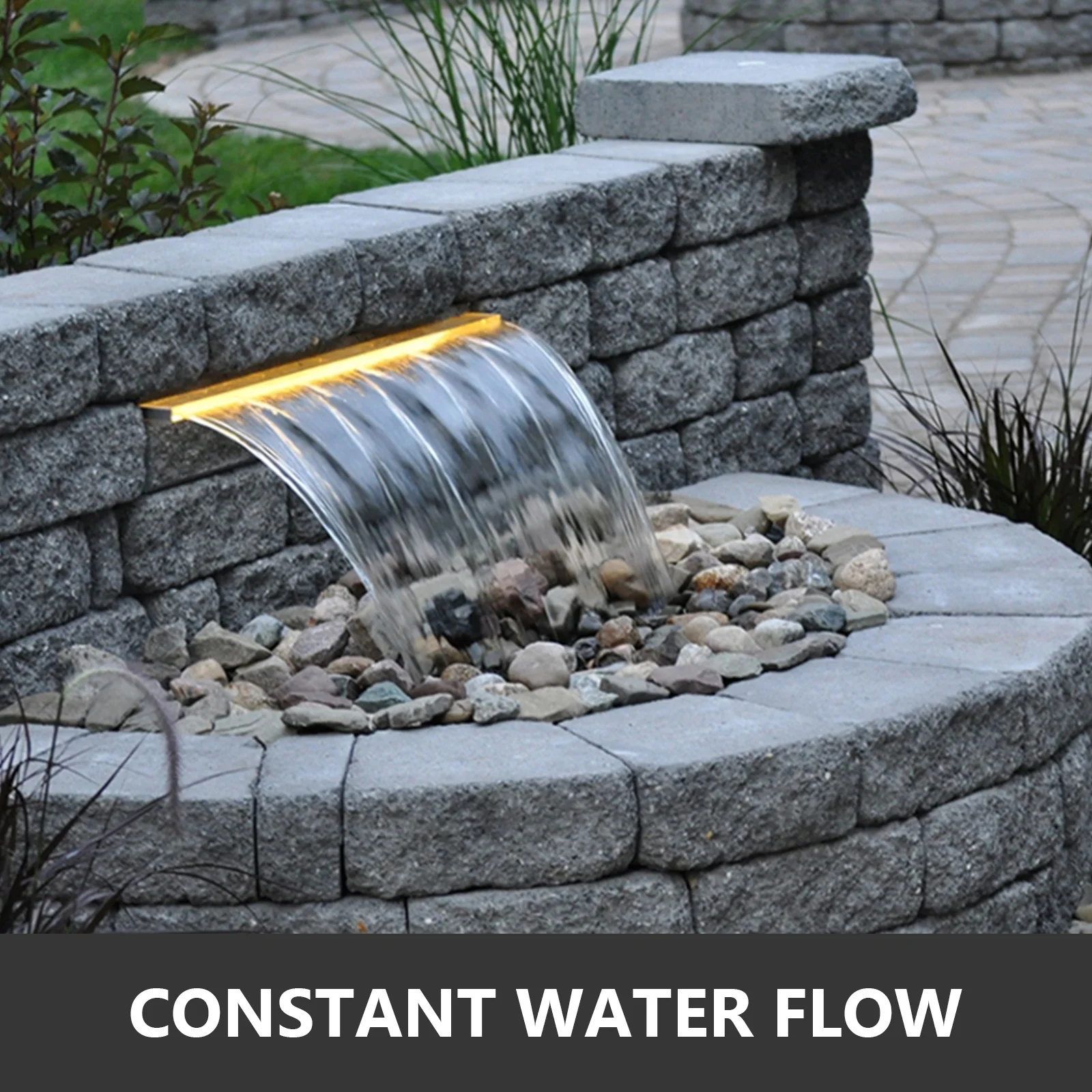 VEVOR Pool Fountain 47.2" x 4.5" x 3.1" Stainless Steel Pool Waterfall with LED Strip Light Waterfall Spillway with Pipe Connector Rectangular Garden