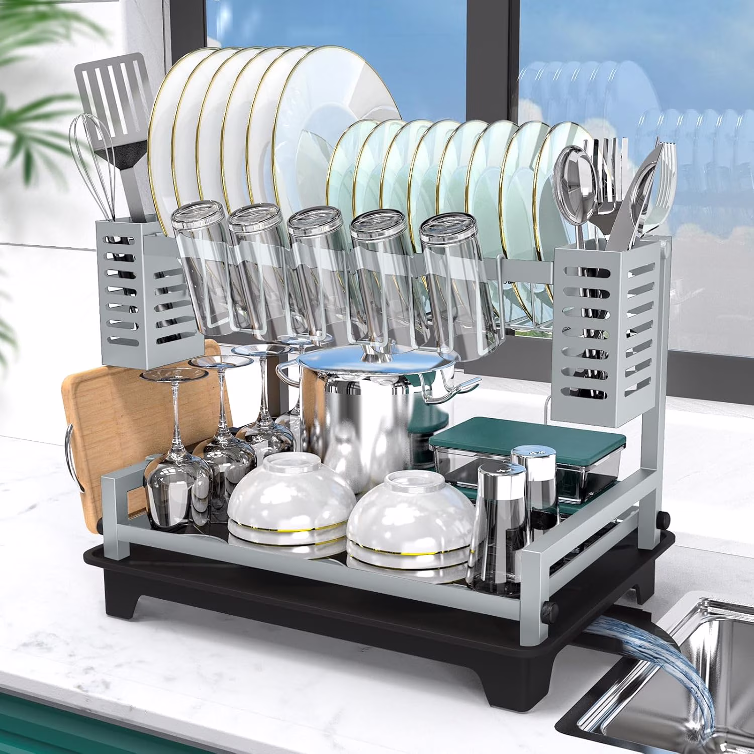 Dish Drying Rack: 2 Tier Dish Racks for Kitchen Counter and Sink - Large Dish Drying Rack with Drainboard &amp; Utensil Holders