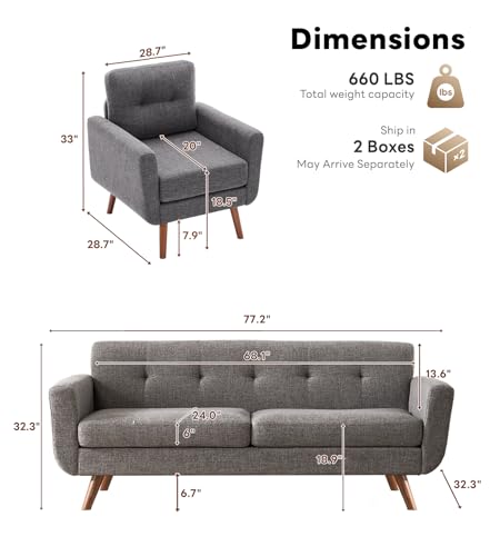 Tbfit L Shaped Couch Sofa, 80" W Mid-Century Modern Sectional Couches, 3 Seater Sofas with Wide Chaise Lounge & Two Pillows