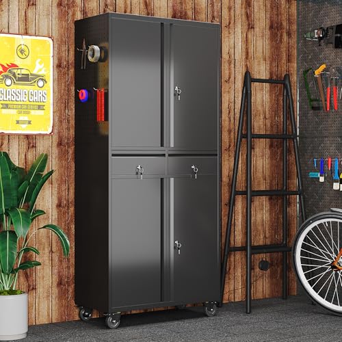 Aobabo 71" H×32" W×16" D Metal Storage Cabinet with Wheels, Garage Steel Storage Cabinet with 5 Adjustable Shelves and 4 Hooks for Home Office