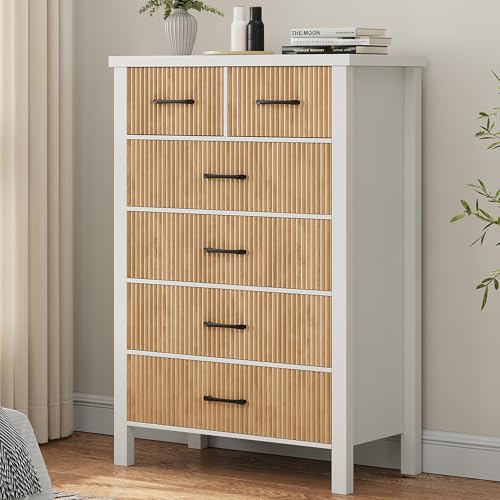 Fluted 6 Drawers Dresser for Bedroom, Tall Boho Chest of Drawers with Metal Handle, Wooden Closet Clothes Storage Organizer for Living Room