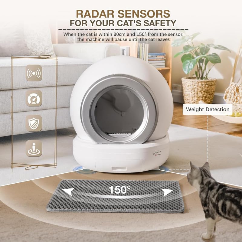 Greesum Self Cleaning Automatic Cat Litter Box, Litter Robot for Multiple Cats, Safe/APP Control/Low Noise Litter Box with Mat and 2 Roll Garbage Bags
