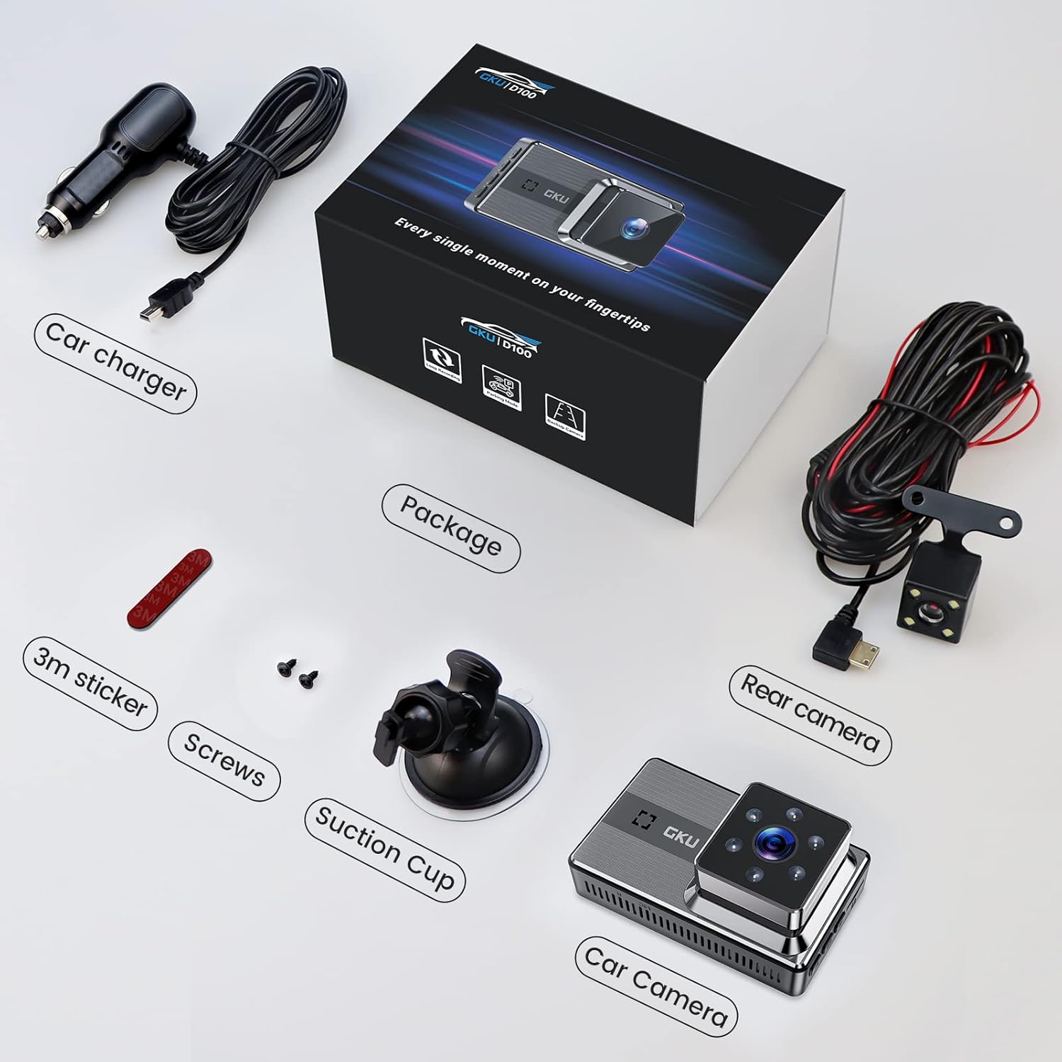 GKU Dash Cam Front and Rear Full HD Dual 1080P Dash Camera for Cars, 170° Wide Angle Backup Car Camera with Super Night Vision