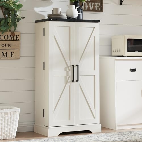 72" Tall Kitchen Pantry, Farmhouse Storage Cabinet with Barn Doors, Organizer, Drawer and Adjustable Shelves, Rustic Wood Cupboard for Kitchen