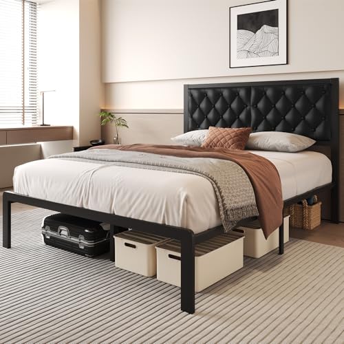 Queen Bed Frame with Headboard PU Leather Upholstered Bed Frame Platform,All Metal Slats Support Platform Bed Frame with Storage Space,Easy Assembly