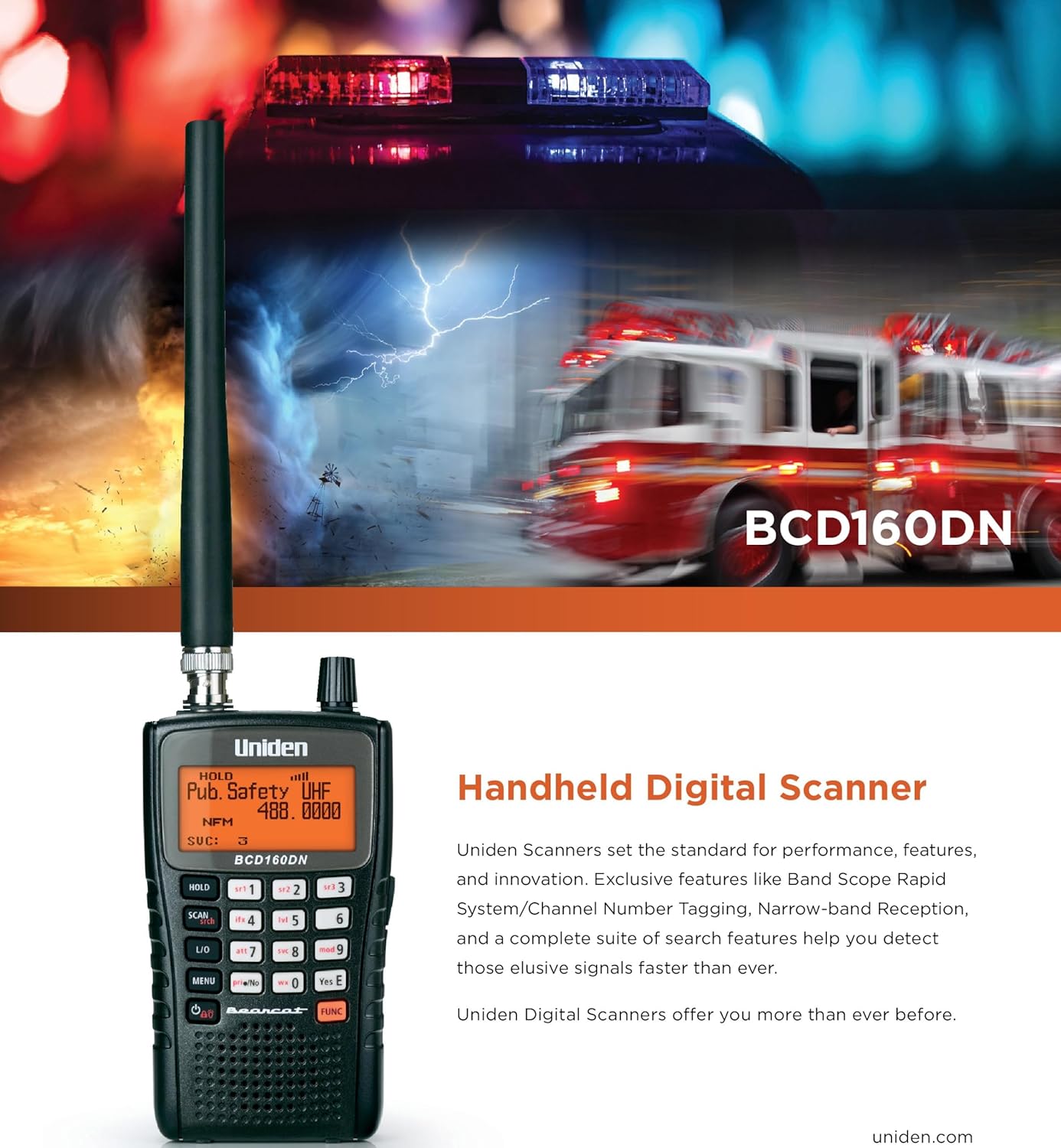 Uniden Bearcat BCD160DN Handheld Digital Scanner, Exclusive Features, Band Scope Rapid System/Channel Number Tagging, Narrow-Band Reception