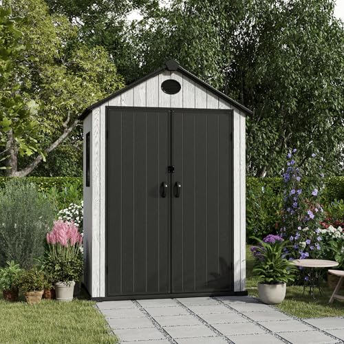 4.4x6 FT Resin Outdoor Storage Shed, 230 Cuft Garden Tool Sheds & Outdoor Storage Plastic Shed with Floor