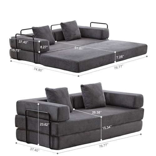 Compression Floor Sofa Bed, Convertible Foldable Sofa with Support Backrest and Armrest, Corduroy Fabric Modular Sectional Couch with 2 Pillows
