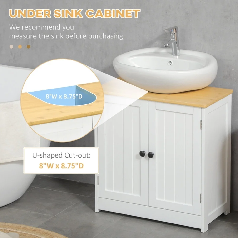 Pedestal Sink Storage Cabinet, Under Sink Cabinet with Double Doors,  Crystal White, Dark Walnut-AS