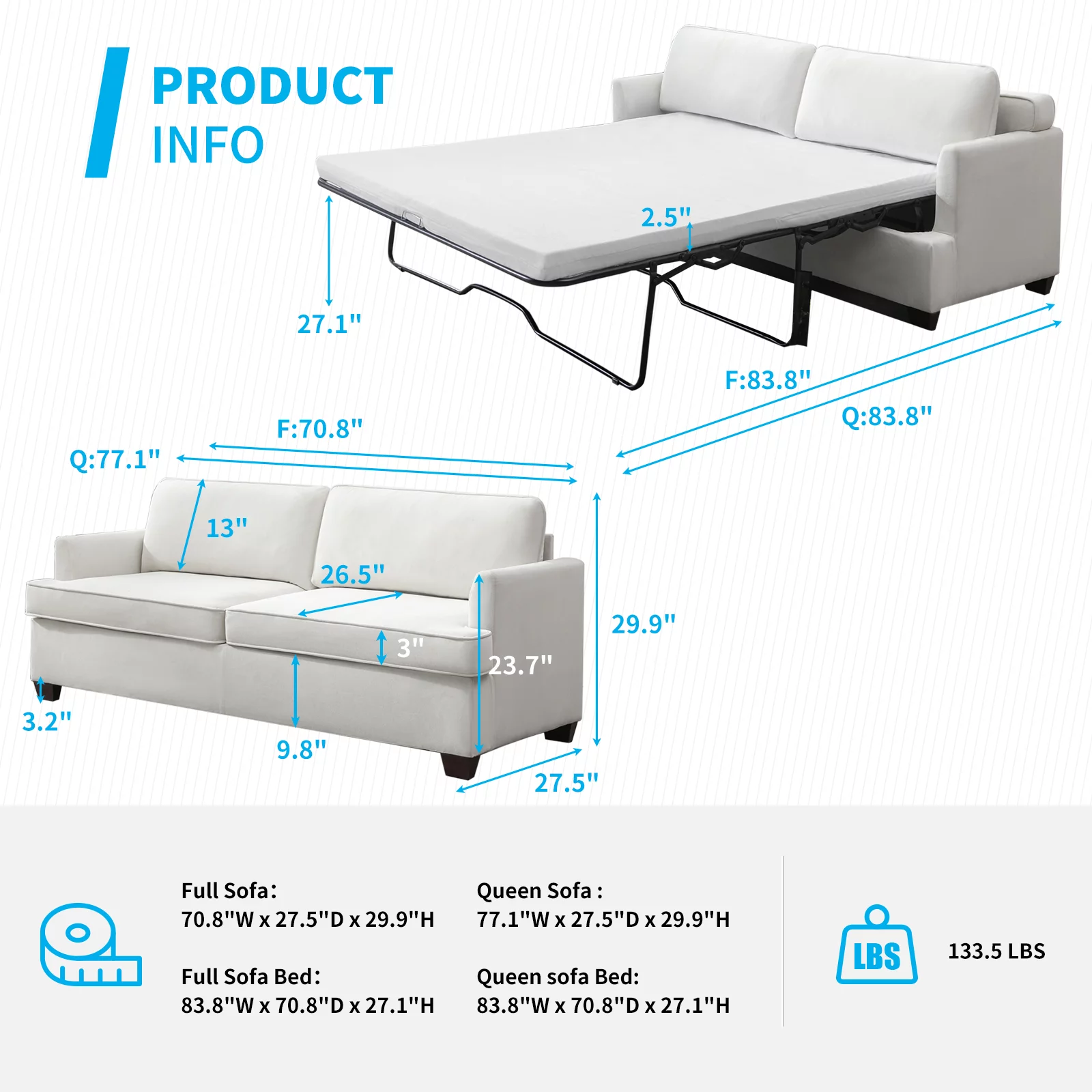 Mjkone 77.1"W Convertible Pull Out Sofa Bed with Foam Mattress , Velvet Loveseat Sleeper Sofa Bed