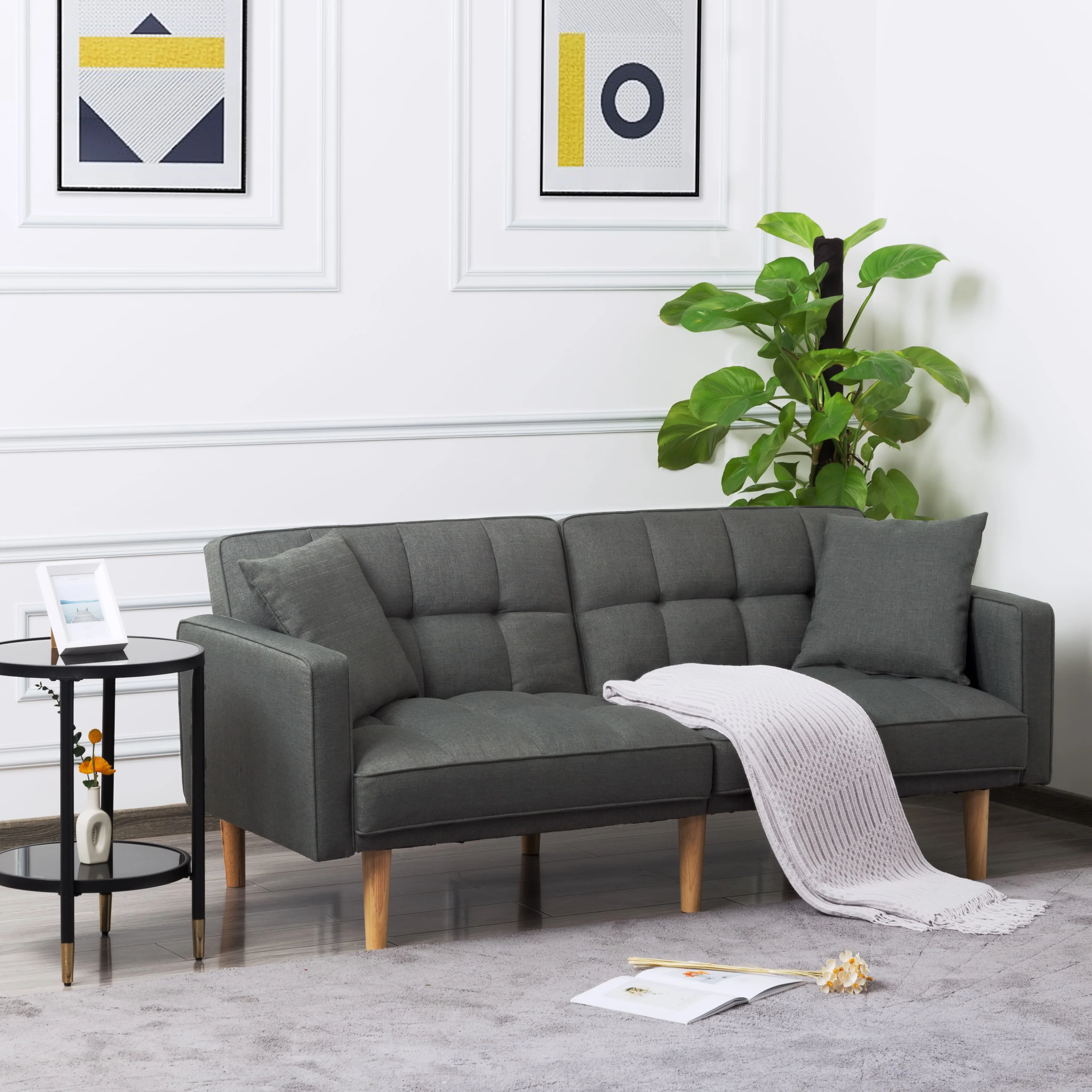 BSHTI Futon Sofa bed, Featuring a split back, square arms, and tapered wood legs