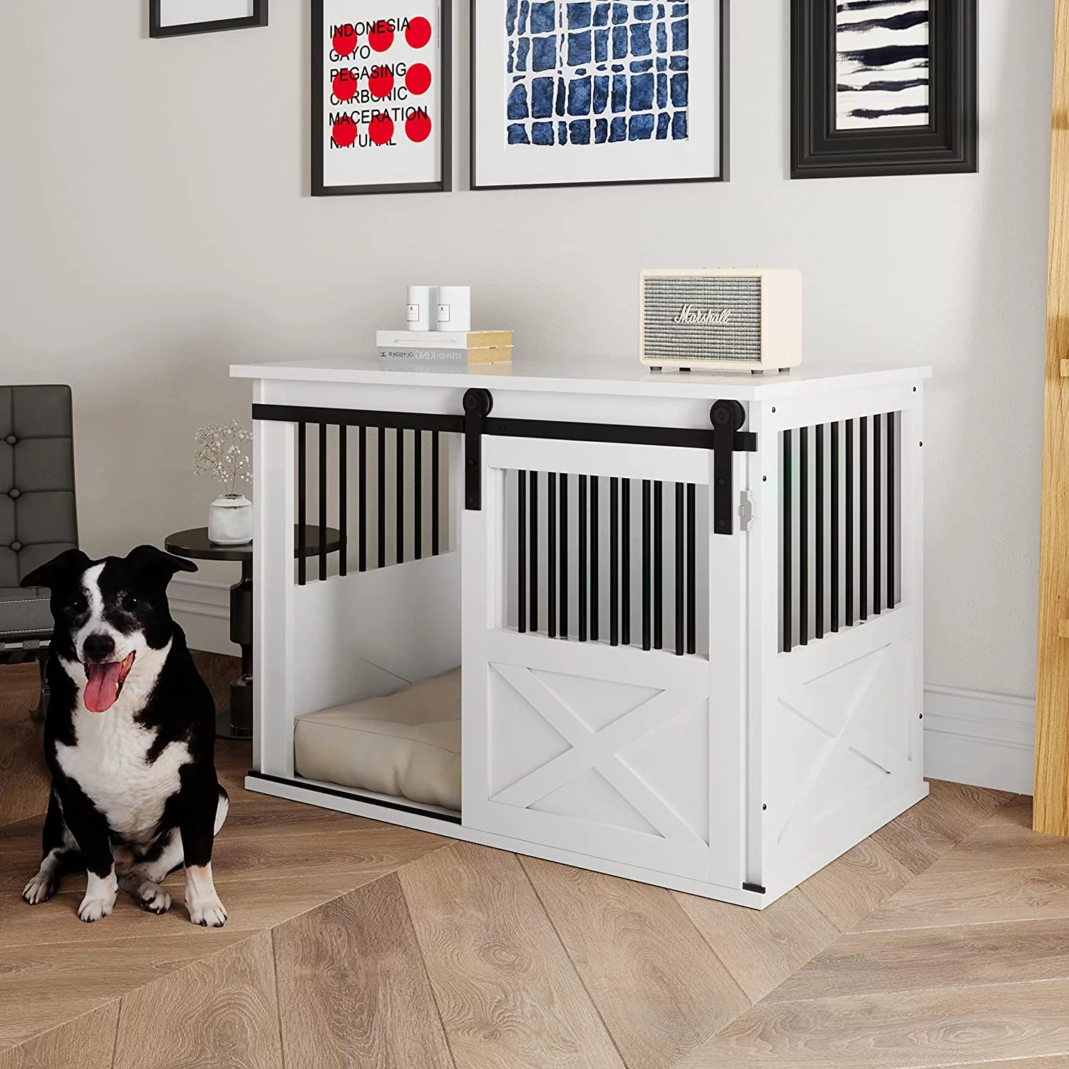 TENONER Dog Crate Furniture with Sliding Door, Wooden Dog Kennel Furniture Side End Table, Barn Door Large Pet Crate for Small to Medium Dogs, White
