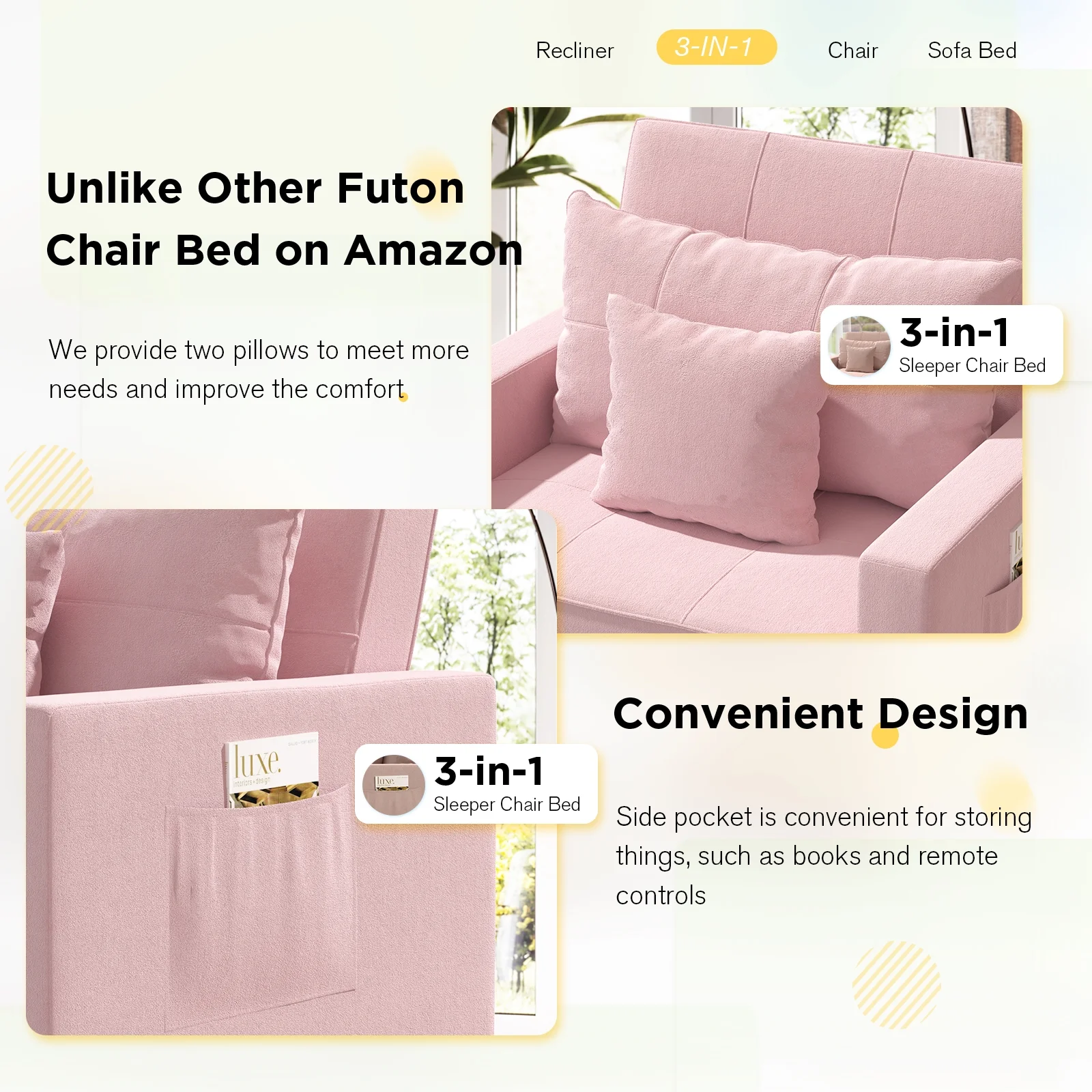YODOLLA 40 Inch Sleeper Chair Bed 3-in-1 Convertible Futon Chair Multi-Functional Sofa Bed Adjustable Reading Chair, Sofa, Bed