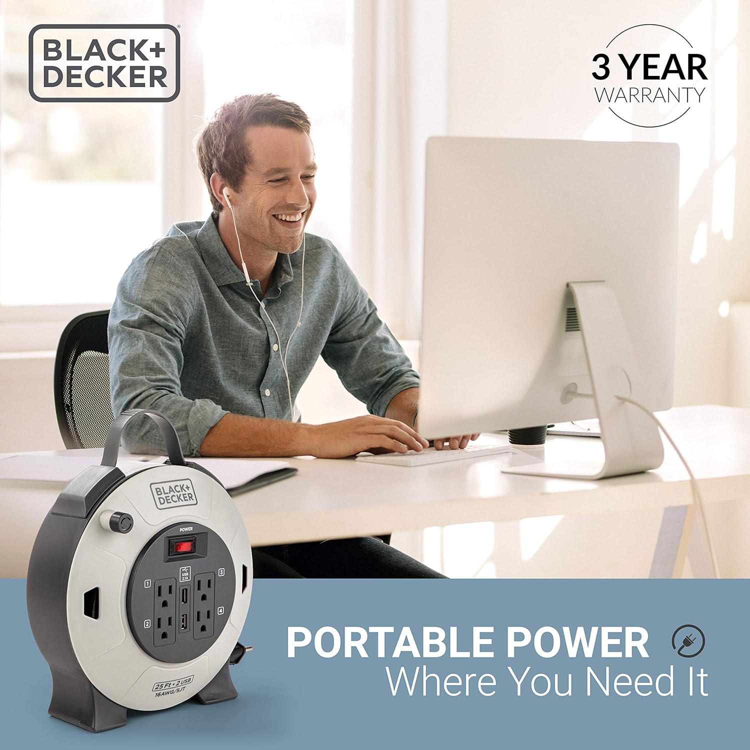 BLACK+DECKER Retractable Extension Cord, 25 ft, 4 Outlets, 2 USB Ports (2.1A), 16AWG SJT Cable - Compact Power Cord Reel with Multi-Plug Extension