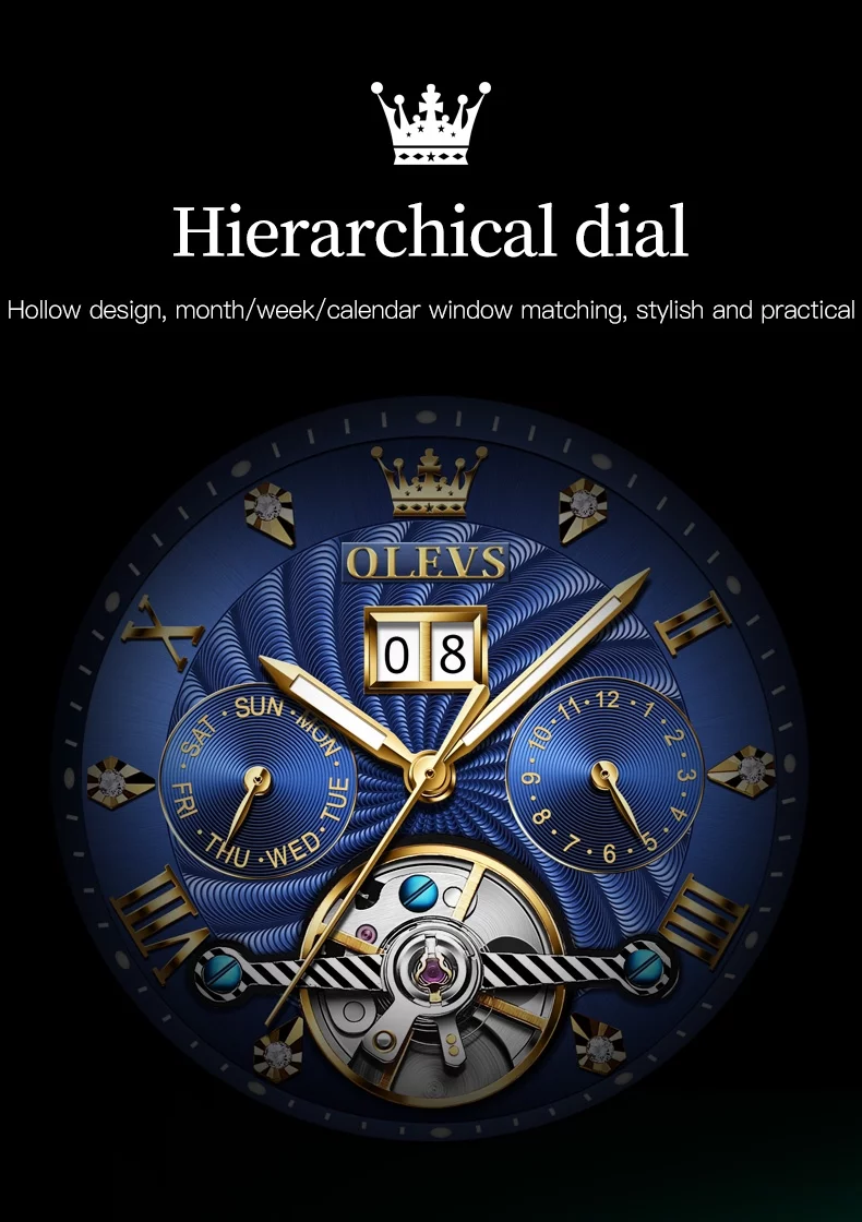 OLEVS Watch for Men Automatic Skeleton Tourbillon Mechanical Self Winding Business Luxury Dual Calendar Stainless Steel Luminous Waterproof Man Wrist