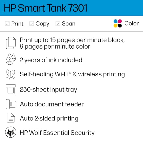 HP Smart -Tank 7301 Wireless All-in-One Cartridge-free Ink Printer, up to 2 years of ink included, mobile print, scan, copy