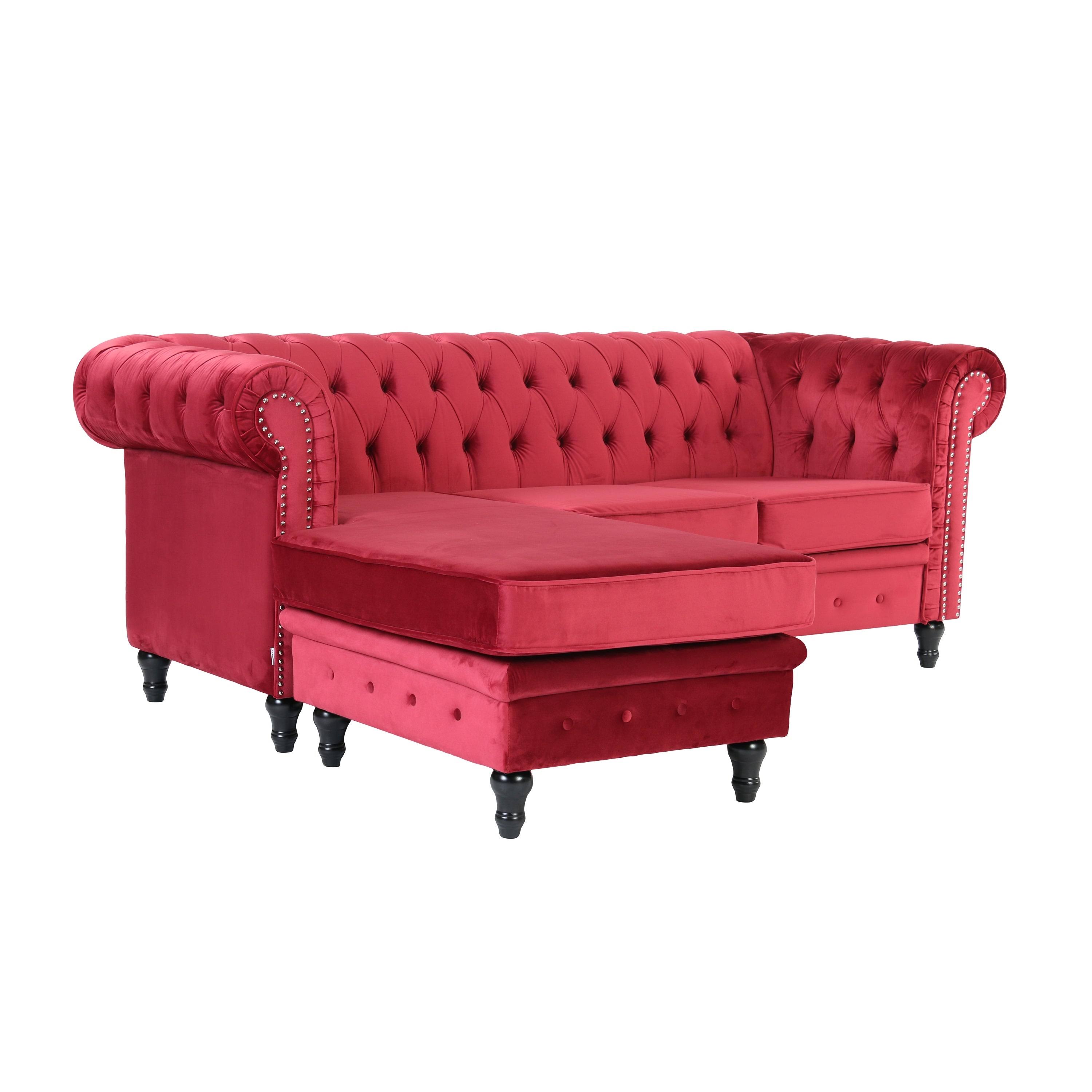 Velvet Chesterfield Rolled Arm Sofa with Ottoman Red