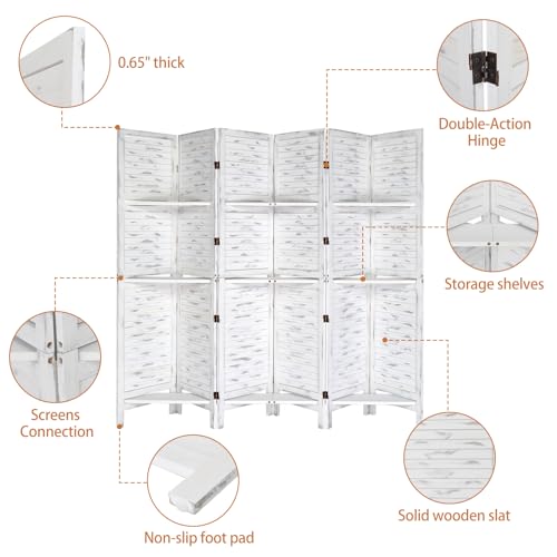 Bonnlo 6 Panels Wood Room Divider with Shelves, 6 FT Height Folding Privacy Screens, Indoor Freestanding Room Partition Wall Divider